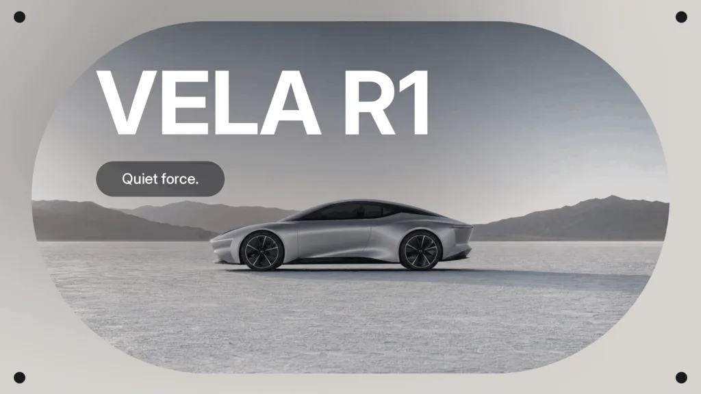 VELA R1 - fictional electric coupe launch site with a scroll-driven cinematic reveal