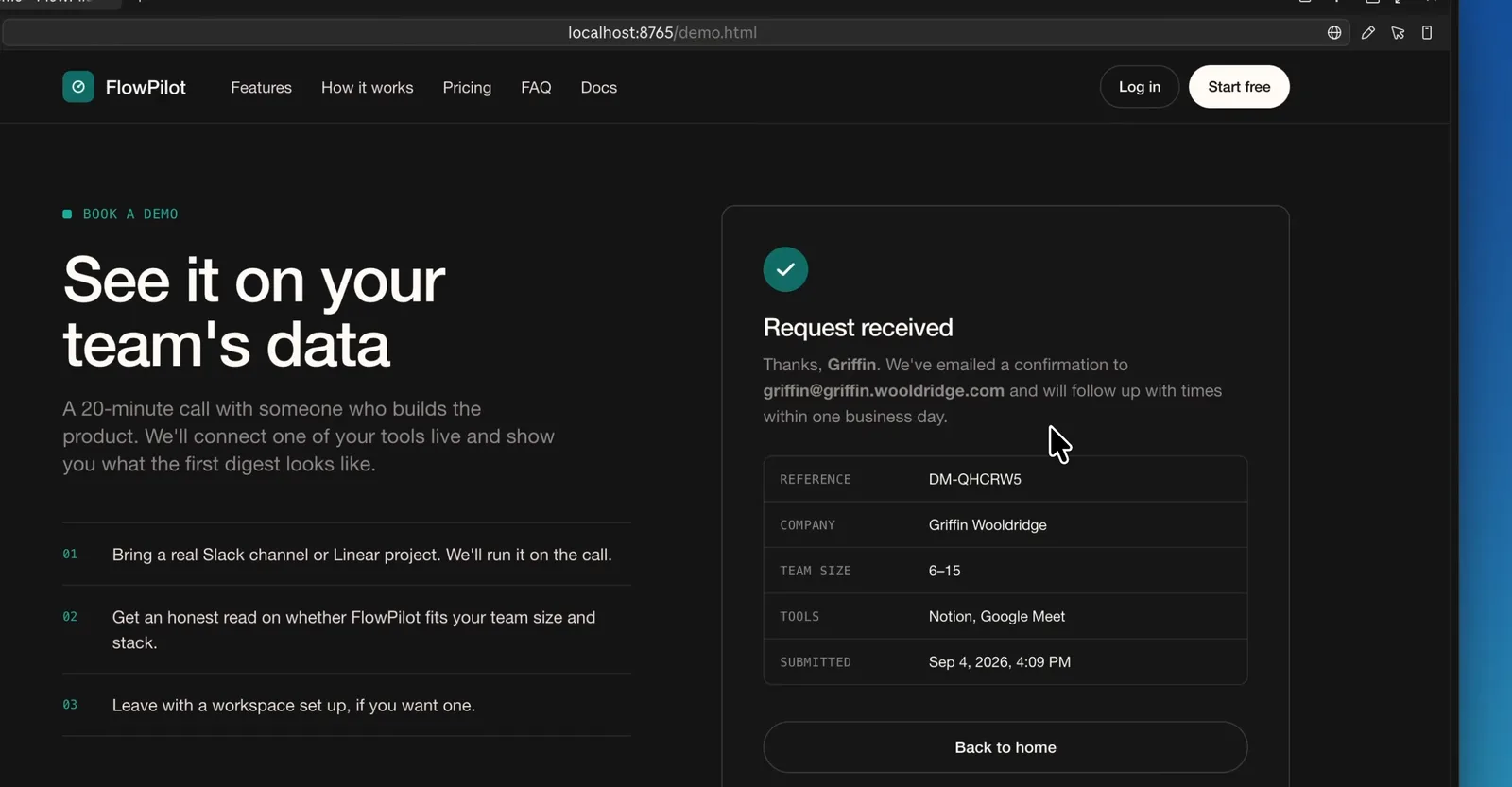 AI-built website demo request form showing its Request received success state with the submitted details