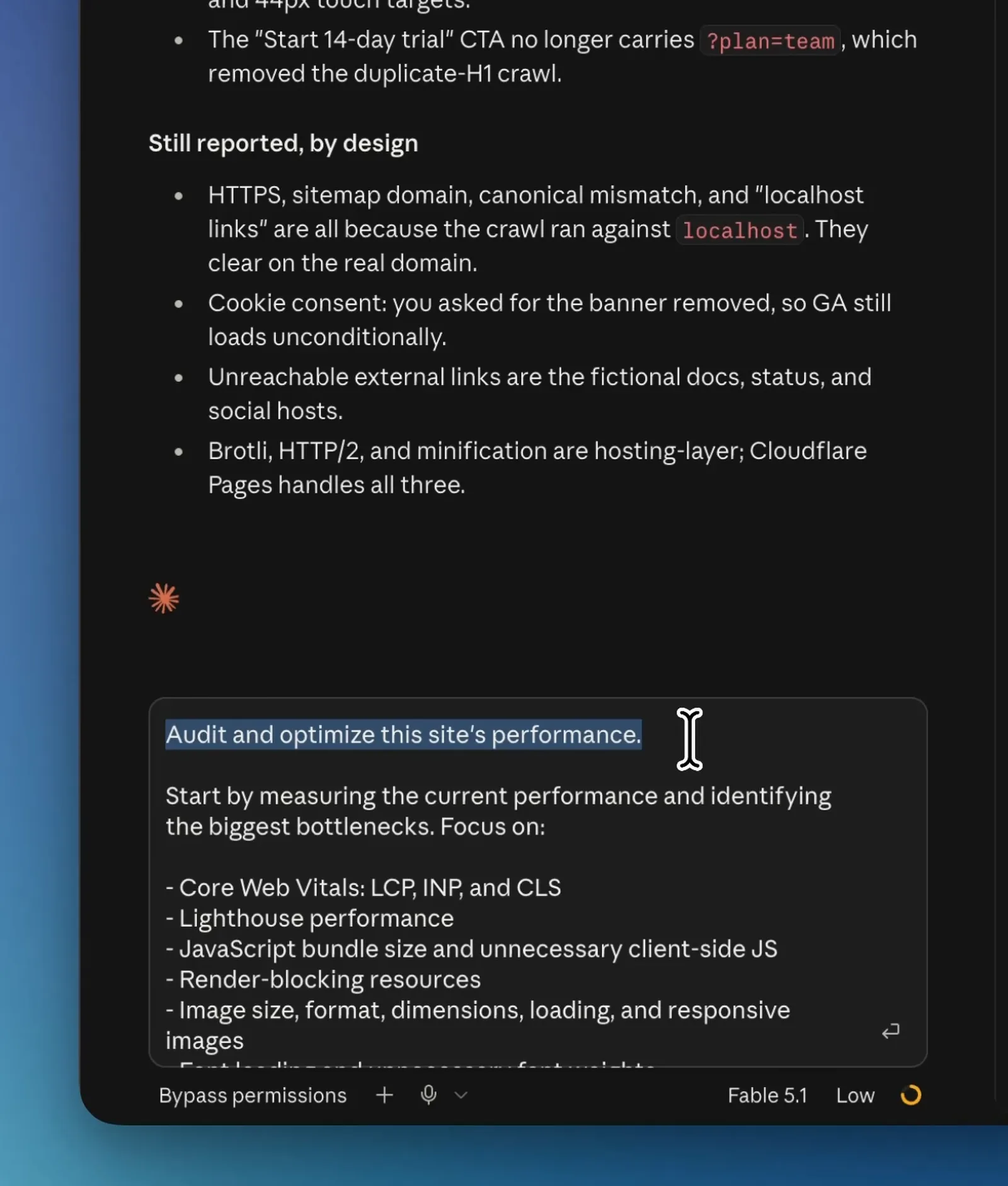 Claude Code prompt to audit an AI-built website's performance, focused on Core Web Vitals LCP, INP and CLS and image sizes