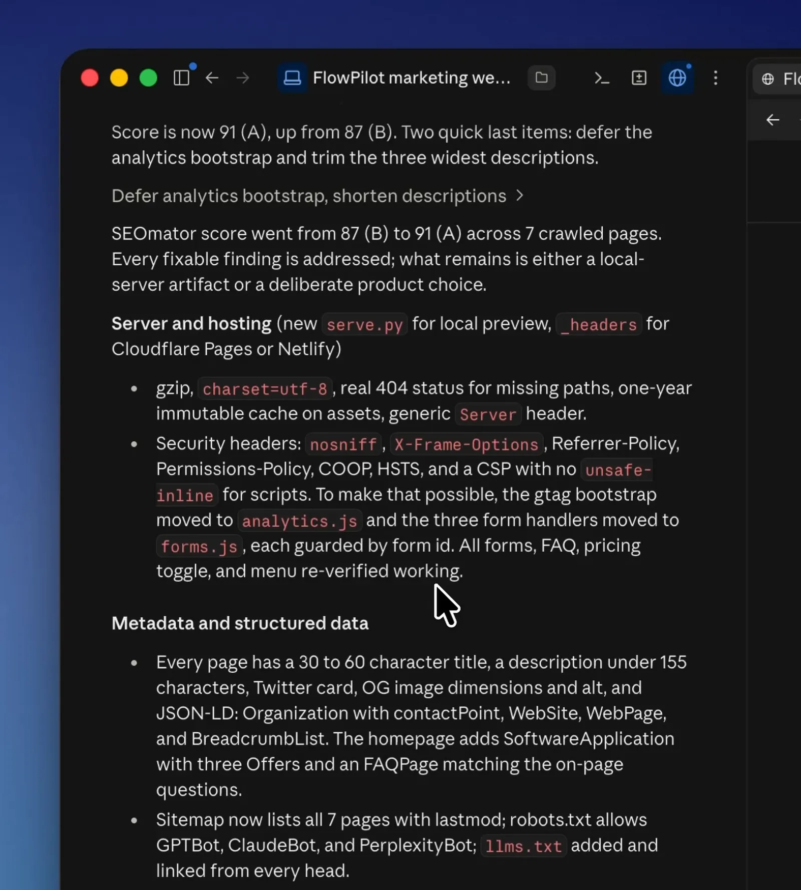 Claude Code SEO report for an AI-built website: unique titles and descriptions, Twitter card, OG image, JSON-LD, sitemap and robots.txt