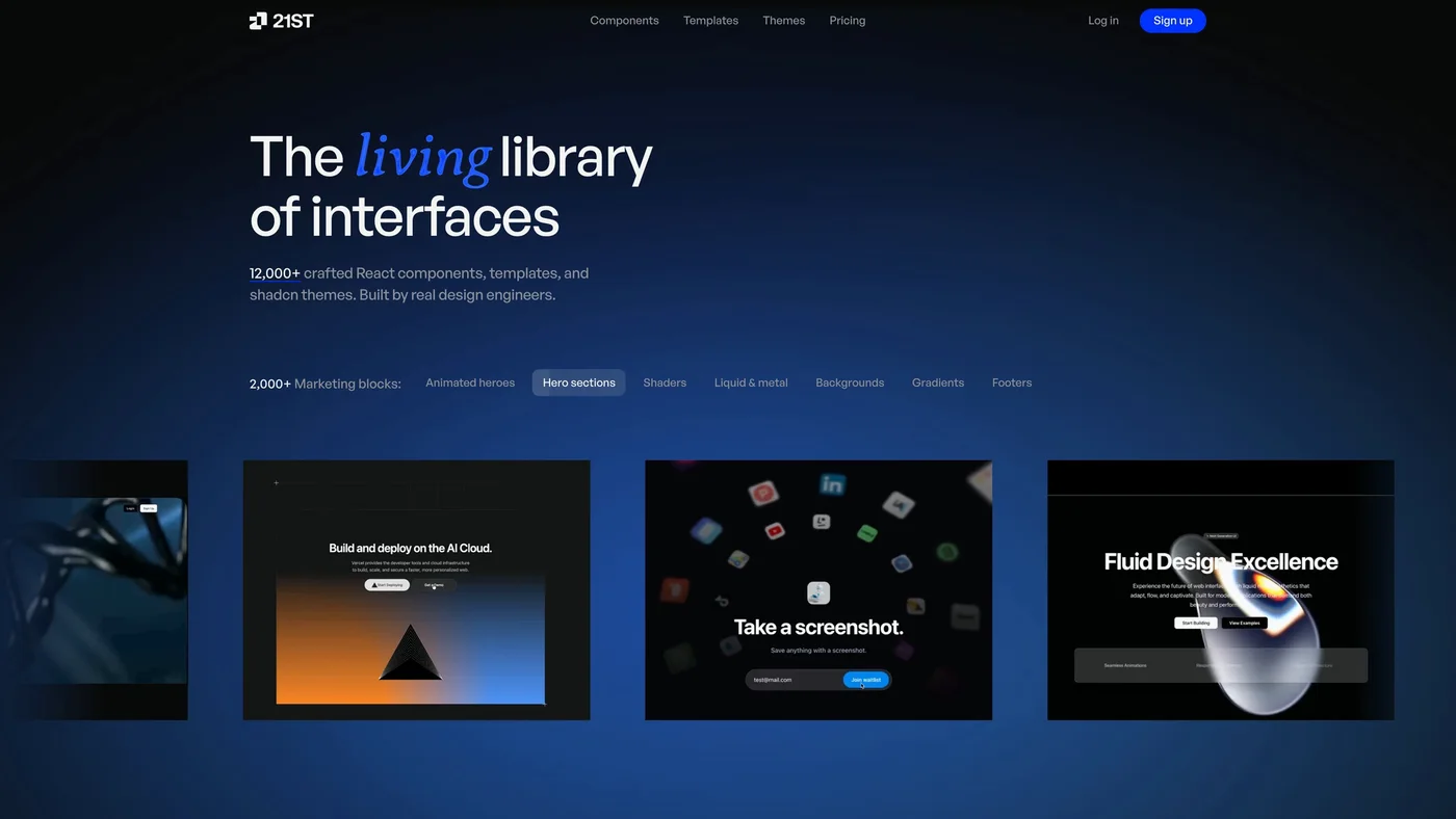 21st.dev homepage reading The living library of interfaces with rows of hero and background component cards