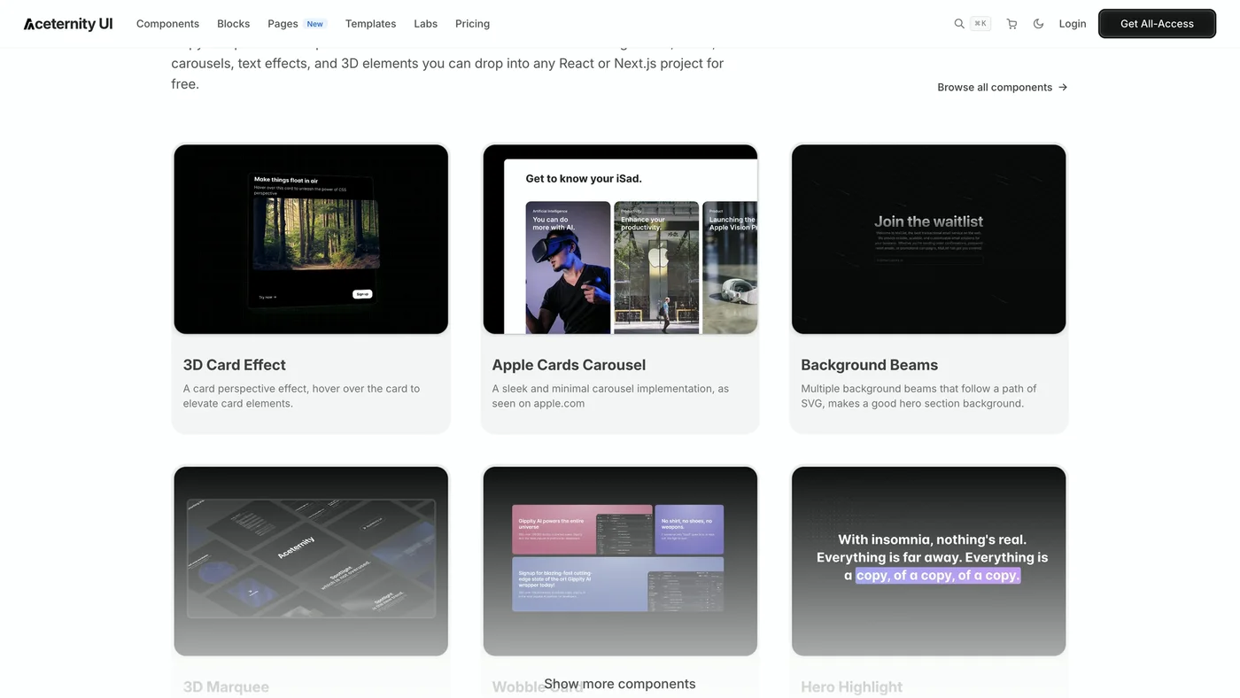 Aceternity UI free animated components including 3D Card Effect, Apple Cards Carousel and Background Beams