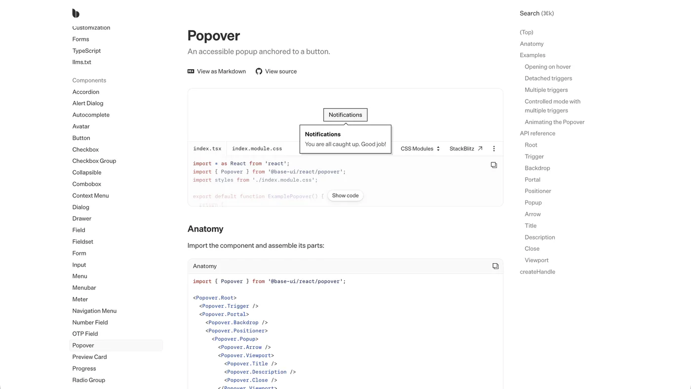 Base UI Popover docs with an open Notifications popover reading You are all caught up, above the component's anatomy code