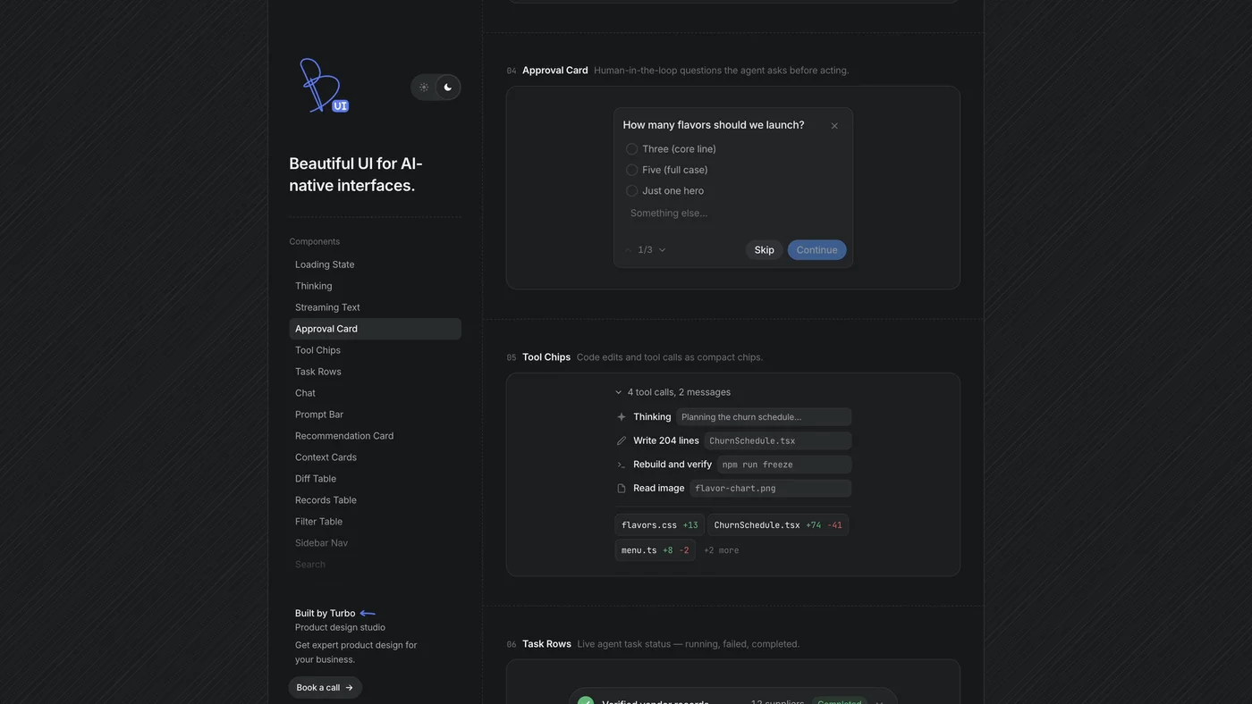 Beautiful UI site in dark mode showing an Approval Card asking how many flavors to launch, above a Tool Chips component listing code edits