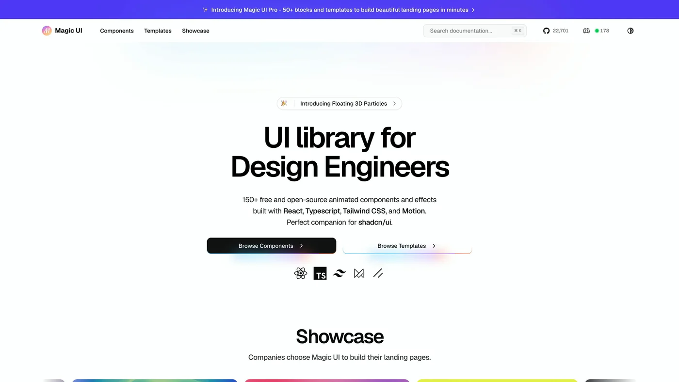 Magic UI homepage reading UI library for Design Engineers, 150+ free and open-source animated components, perfect companion for shadcn/ui