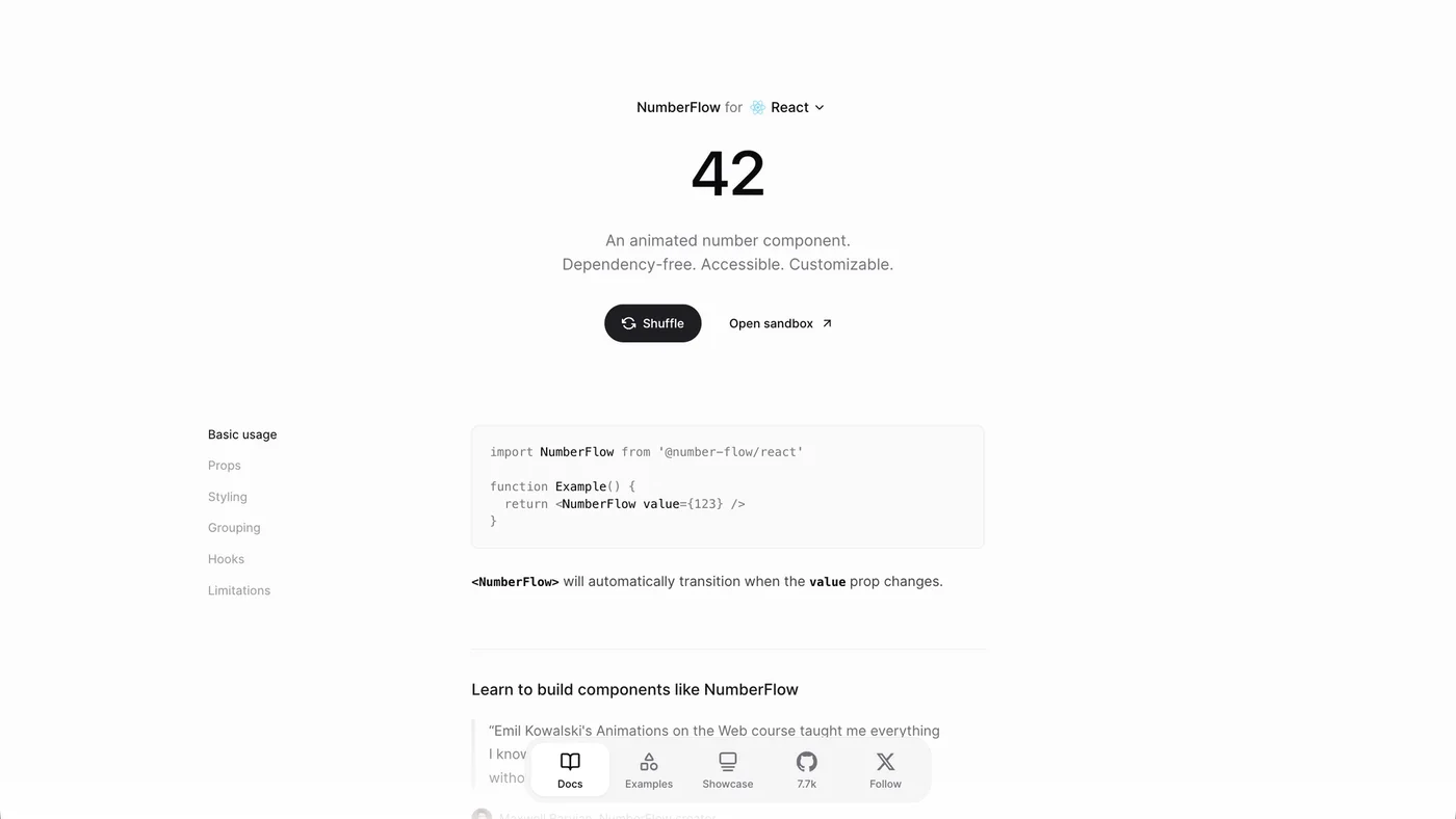 NumberFlow homepage showing the number 42 mid-animation with a Shuffle button and basic usage code