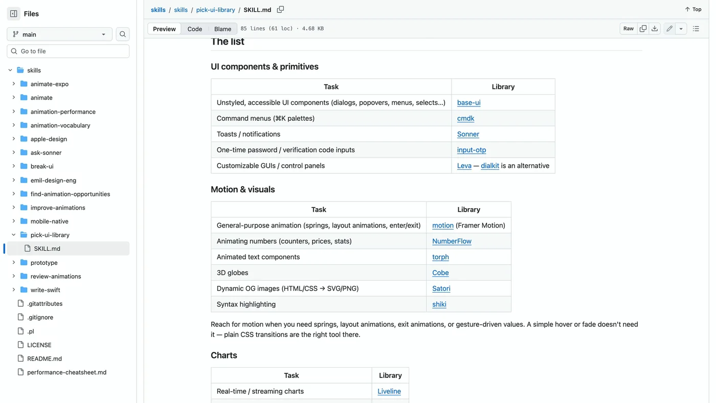 GitHub page for the pick-ui-library SKILL.md showing tables of tasks and libraries for UI components and motion