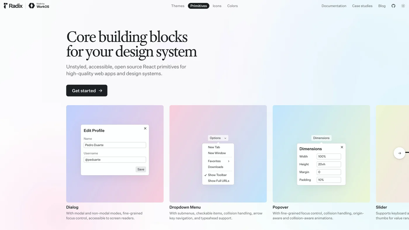 Radix Primitives homepage reading Core building blocks for your design system with Dialog, Dropdown Menu and Popover previews