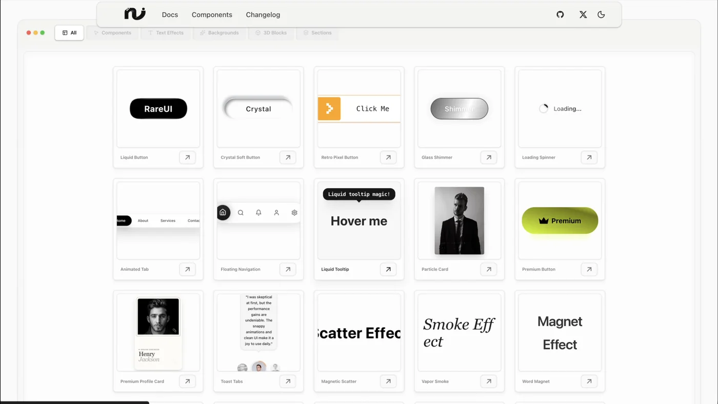 RareUI component grid with animated buttons and text effects including Hover me, Premium, Smoke Effect and Magnet Effect