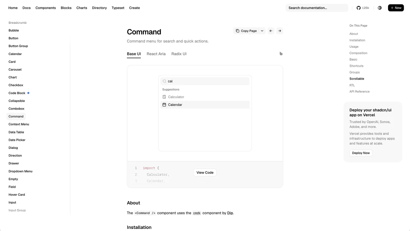 shadcn/ui Command component docs with the menu filtered to Calculator and Calendar after typing cal