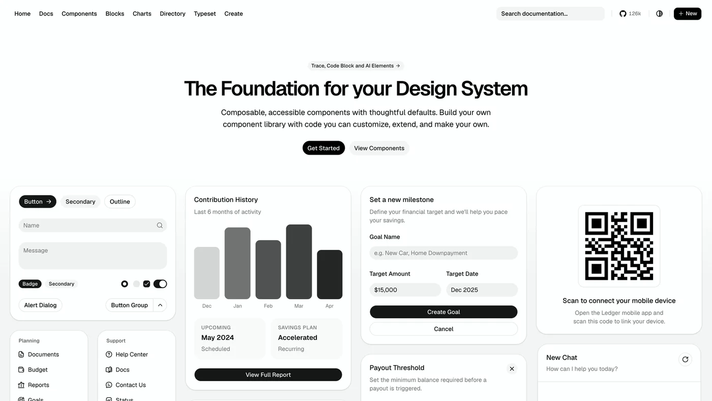shadcn/ui homepage reading The Foundation for your Design System above example cards with buttons, a contribution chart, a milestone form and a QR code card