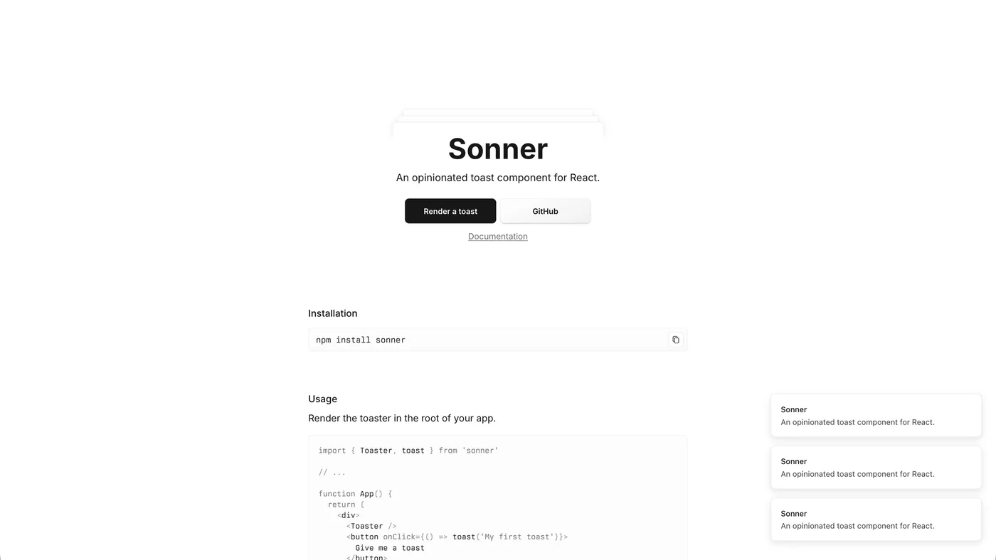 Sonner demo site with three toasts stacked in the bottom right corner, expanded on hover