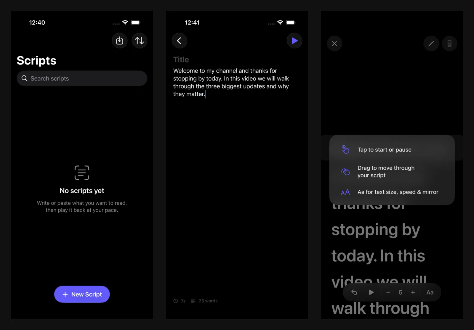 Three iOS Simulator screenshots of Rolltake from a first-session QA pass: empty script list, editor, first prompter open with hints