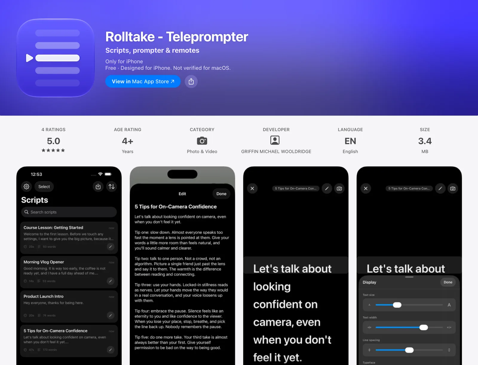 Rolltake - Teleprompter App Store listing with the subtitle Scripts, prompter & remotes, in the Photo & Video category