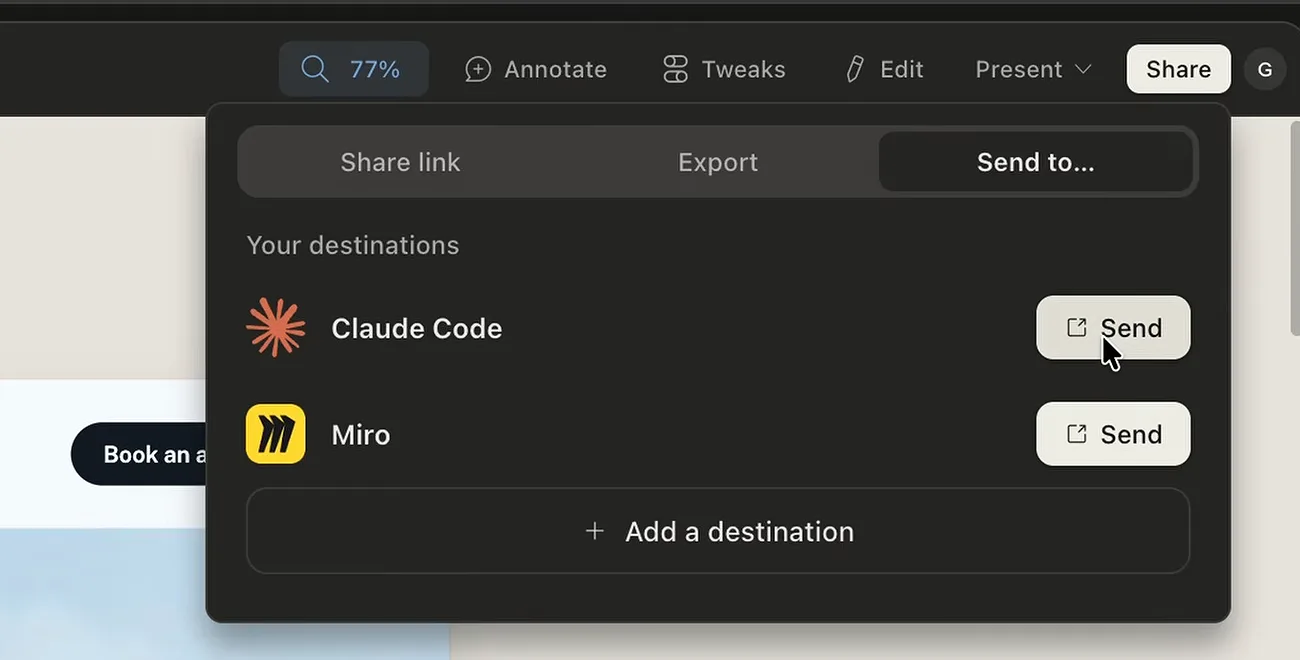 Claude Design Send to menu with Claude Code and Miro as handoff destinations