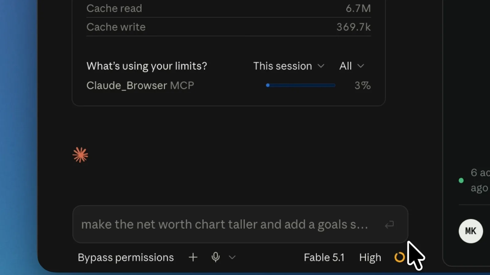 Focused feedback prompt in Claude Code asking Claude Fable 5.1 to make the net worth chart taller and add a goals section