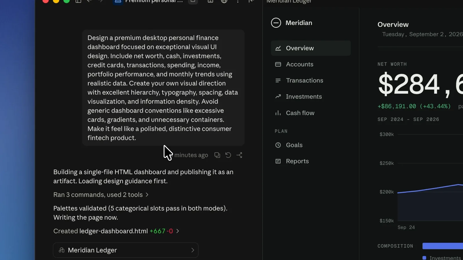 Claude Fable 5.1 personal finance dashboard brief in Claude Code next to the Meridian dashboard it generated