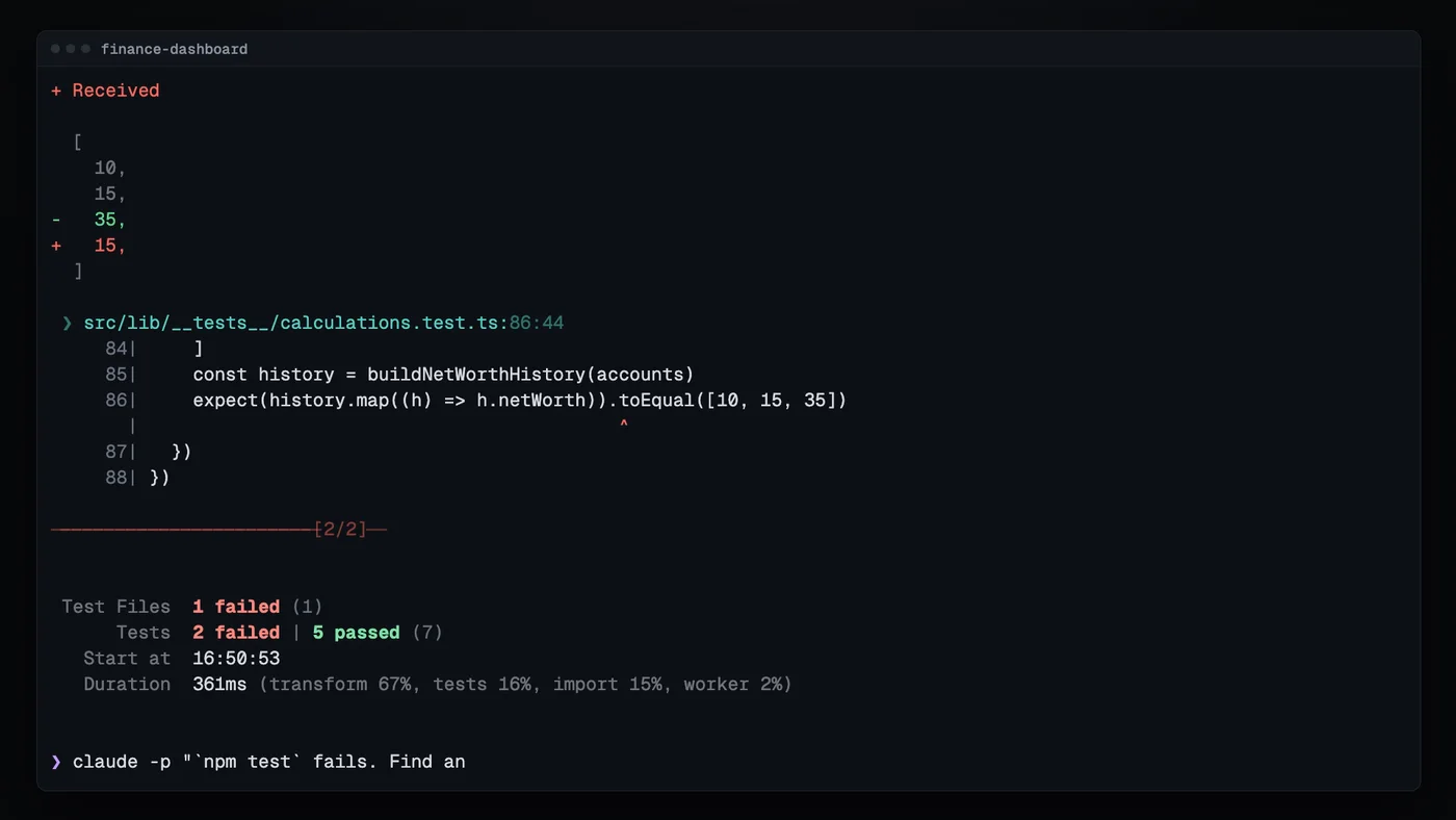 Terminal running npm test on the seeded finance dashboard, showing two failing net worth history tests out of seven