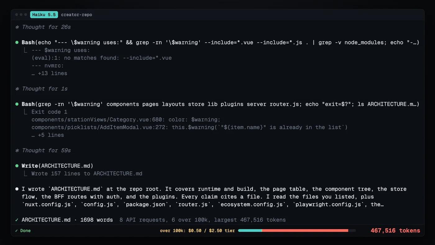 Claude Code with Haiku 5.5 writing ARCHITECTURE.md for creator-repo, status bar showing 467,516 tokens in the over 100k $0.50 / $2.50 price tier