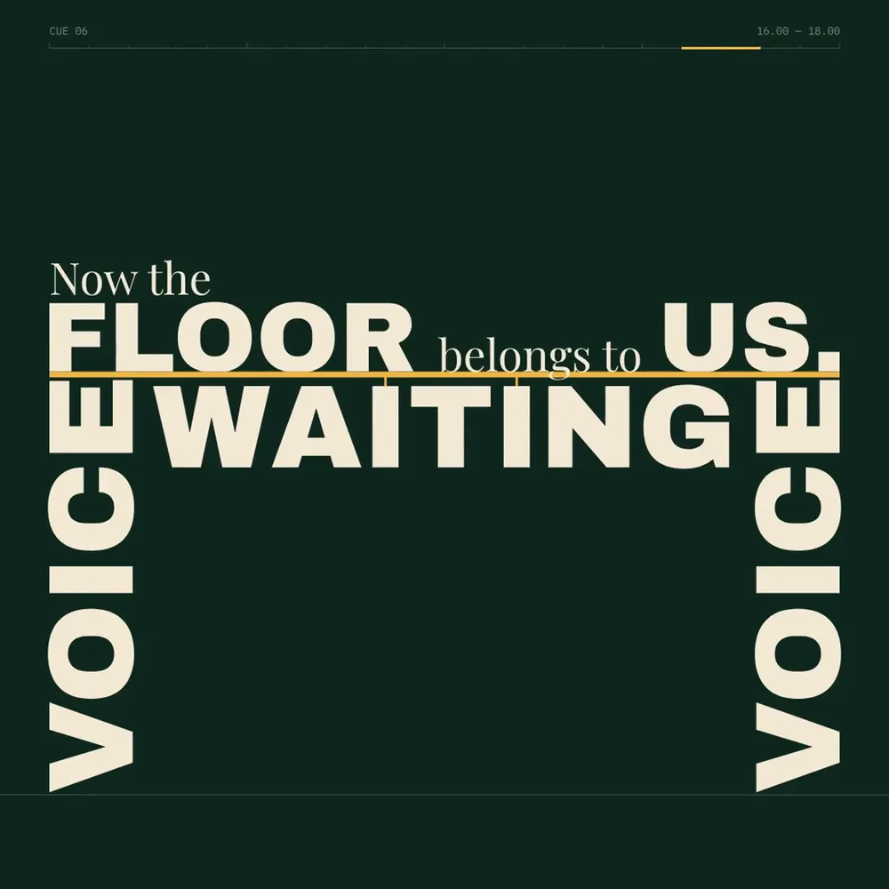 Kinetic typography where the words VOICE and WAITING form the columns and beam of a building