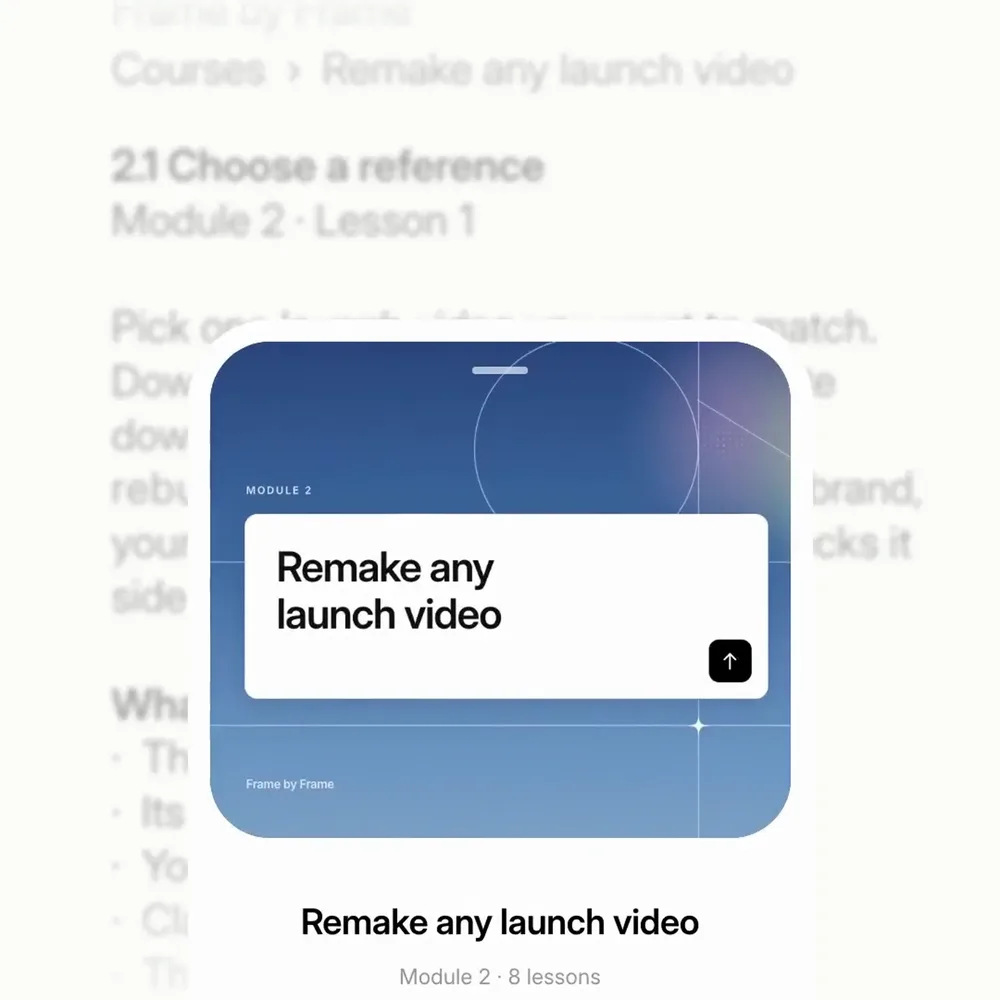 A course page card reading Remake any launch video, from a frame-exact launch film