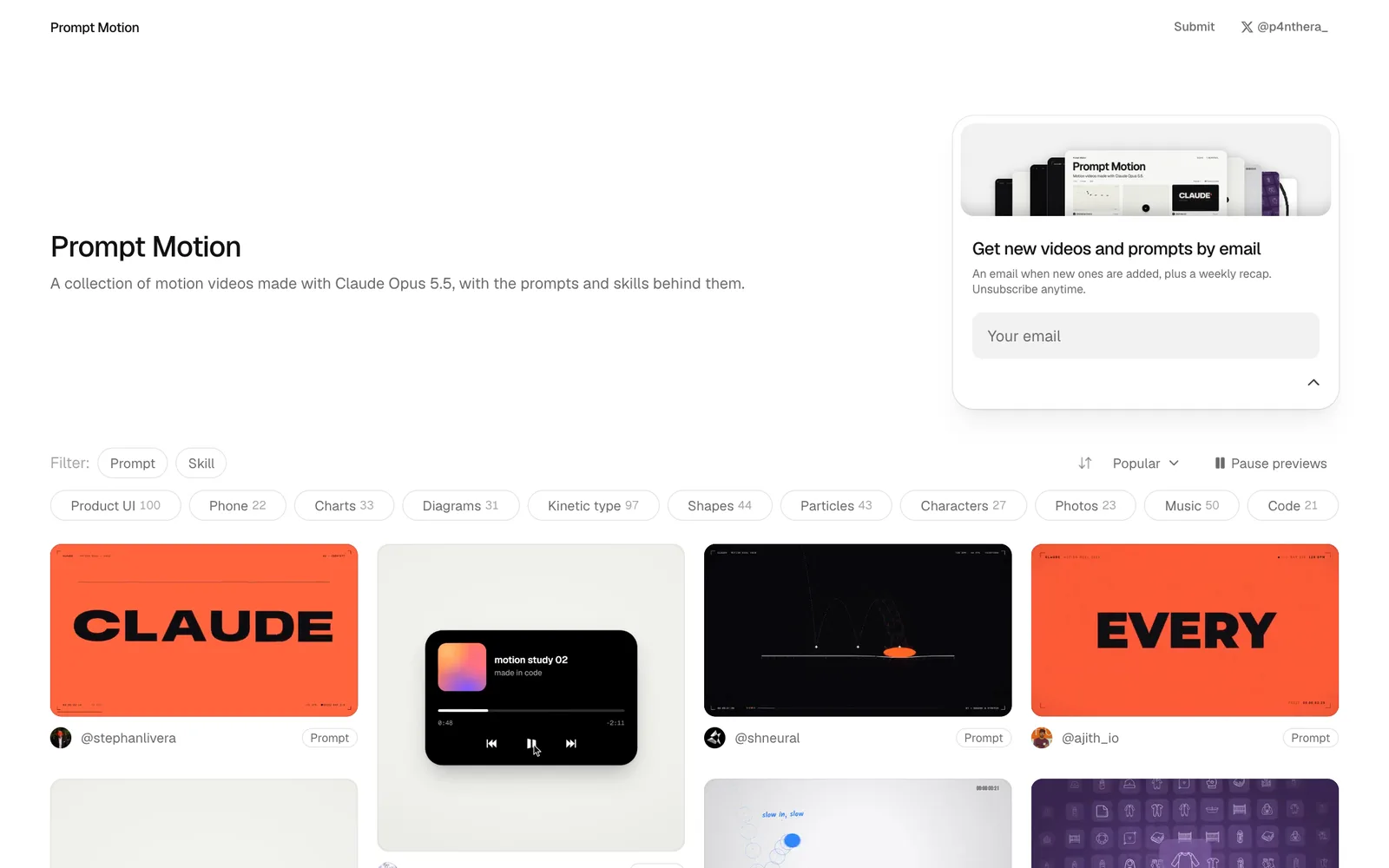 The Prompt Motion gallery grid with live-playing motion graphics thumbnails from different creators