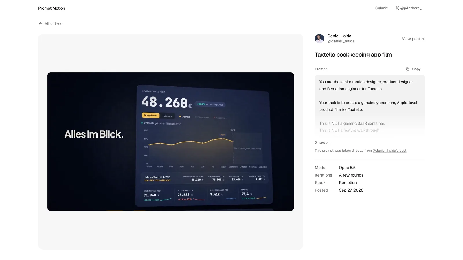 The Taxtello bookkeeping app film on Prompt Motion: a dark dashboard frame next to a long prompt