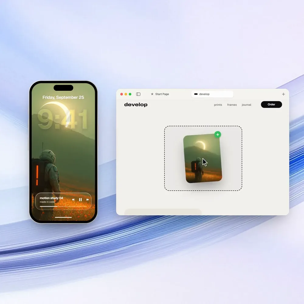 A phone and a desktop browser showing a photo print app, from a continuous launch film