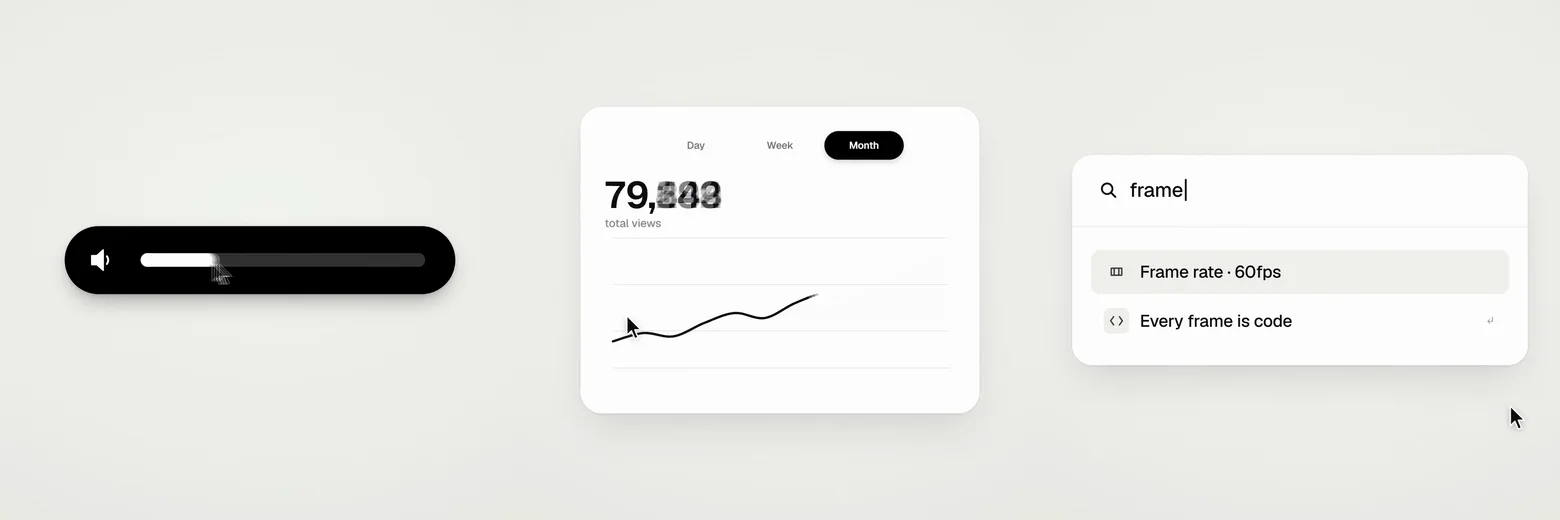 Three frames from one continuous shot: a volume slider, then an analytics chart, then a command palette, all morphed from the same shape
