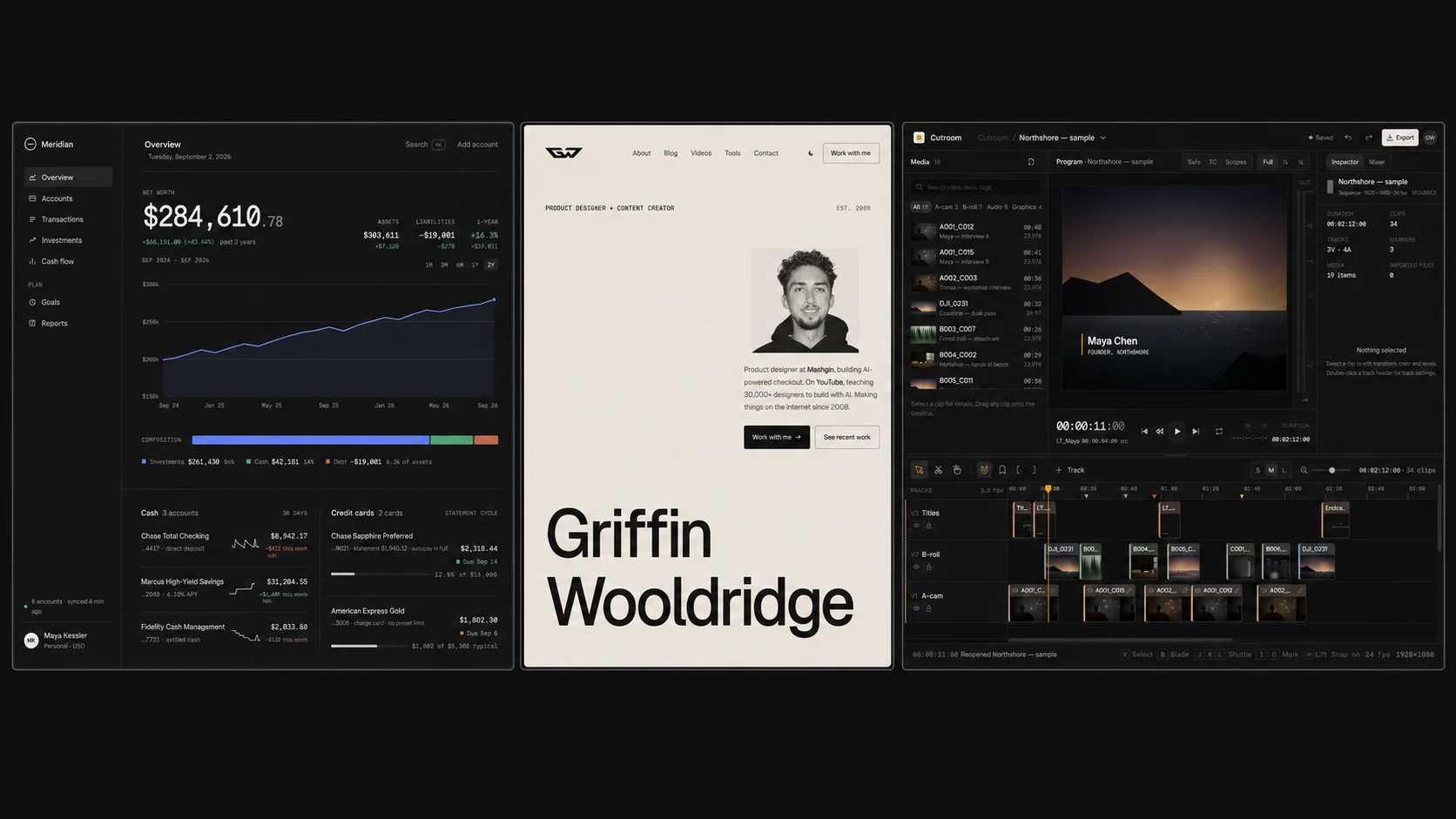 The three Claude Fable 5.1 UI design tests shown together: a finance dashboard, portfolio redesign, and professional video editor