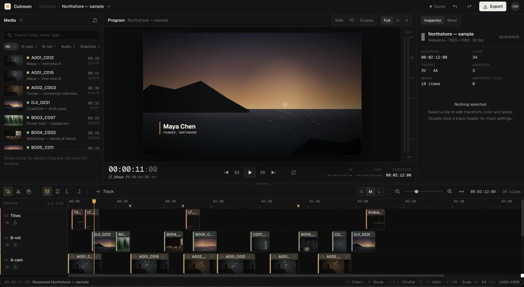 Professional desktop video editor designed by Claude Fable 5.1 with preview, timeline, tracks, and inspector panels
