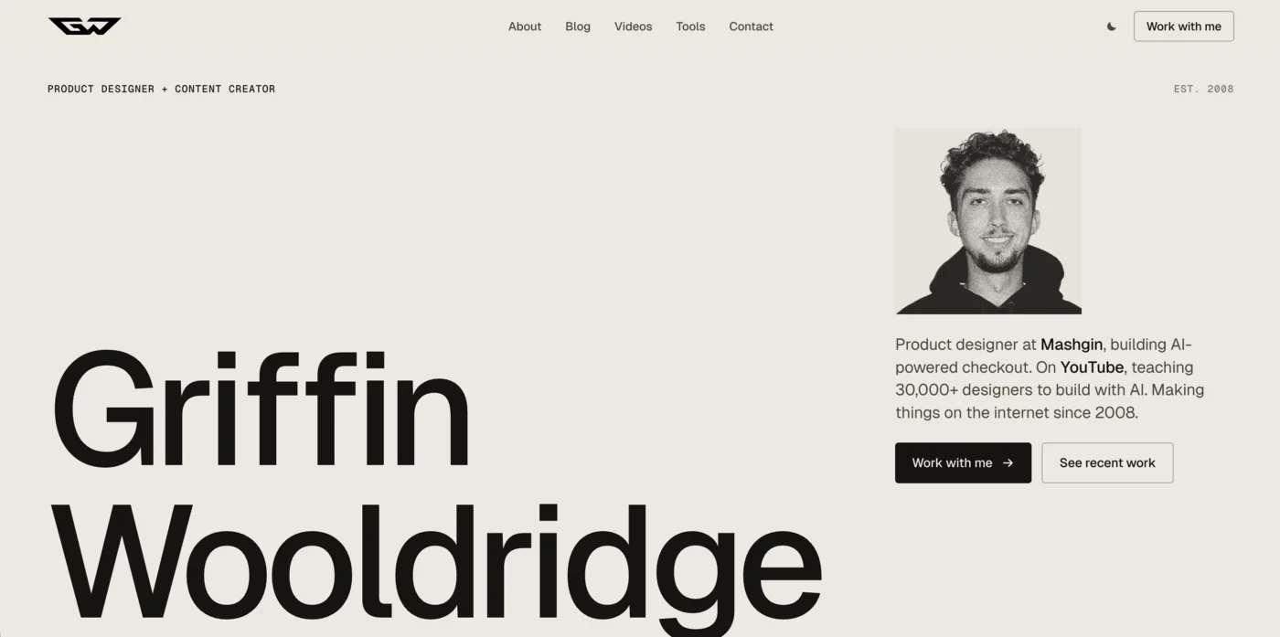 Griffin Wooldridge's portfolio after the Claude Fable 5.1 redesign, with oversized typography and an editorial layout