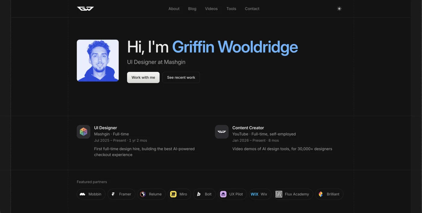 Griffin Wooldridge's portfolio before the Claude Fable 5.1 redesign