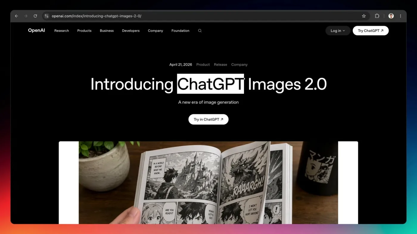 OpenAI's Introducing ChatGPT Images 2.0 announcement page showing a photorealistic hand holding an open manga-style book