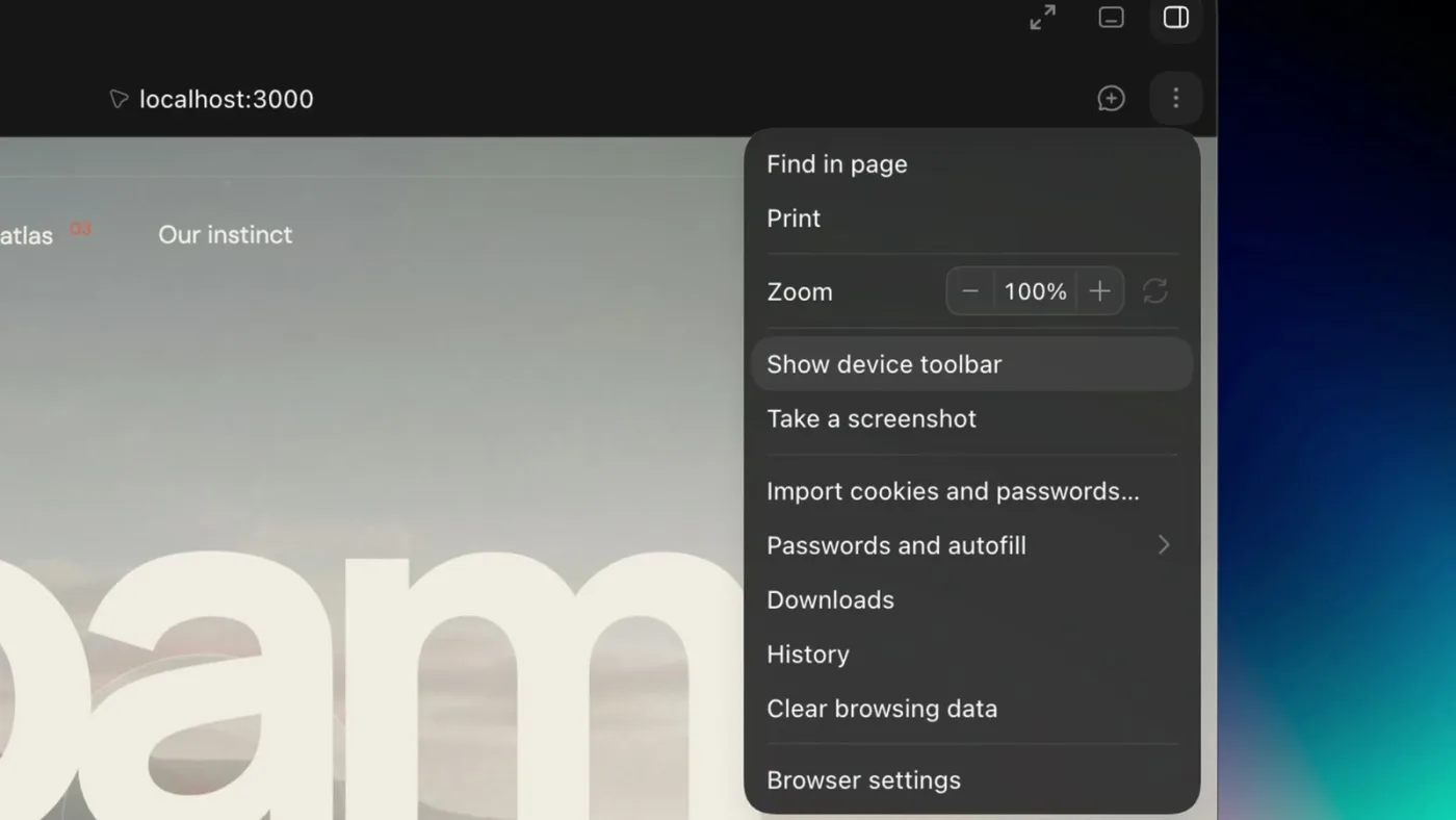 Chrome browser menu open over the Roam site on localhost:3000 with Show device toolbar highlighted