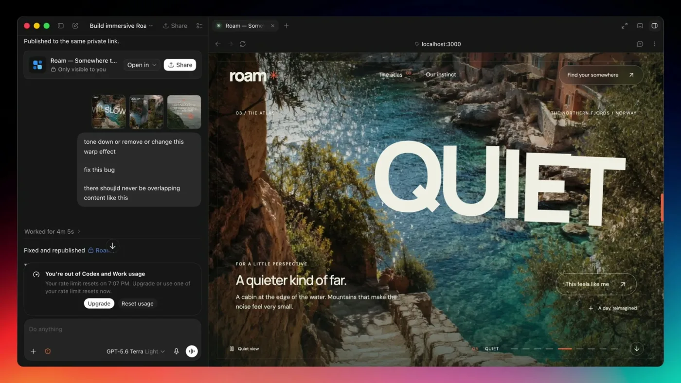 Codex side panel with follow-up bug fix messages like tone down or remove or change this warp effect, next to the Roam QUIET section showing a turquoise fjord photo