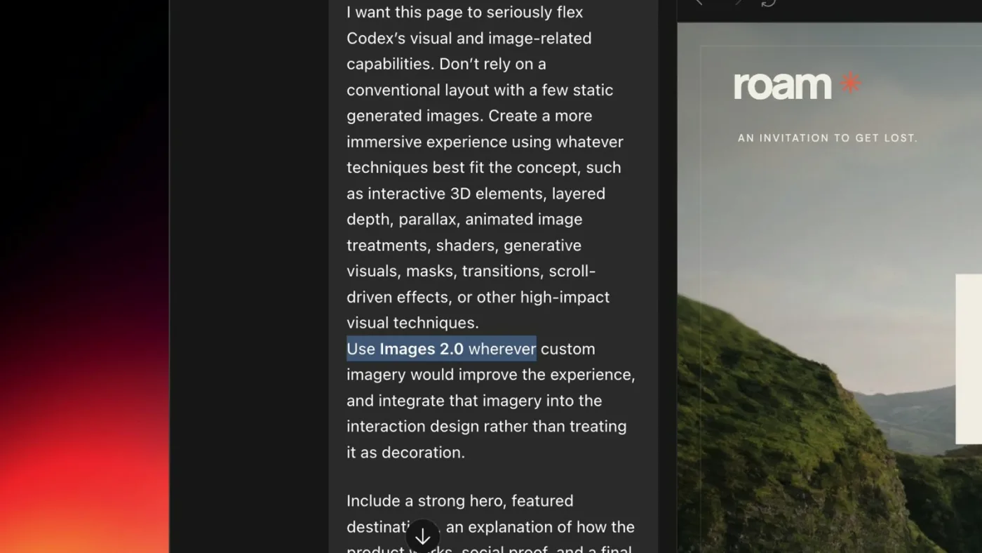 The Codex prompt panel with the instruction Use Images 2.0 wherever custom imagery would improve the experience highlighted, next to the Roam page being built