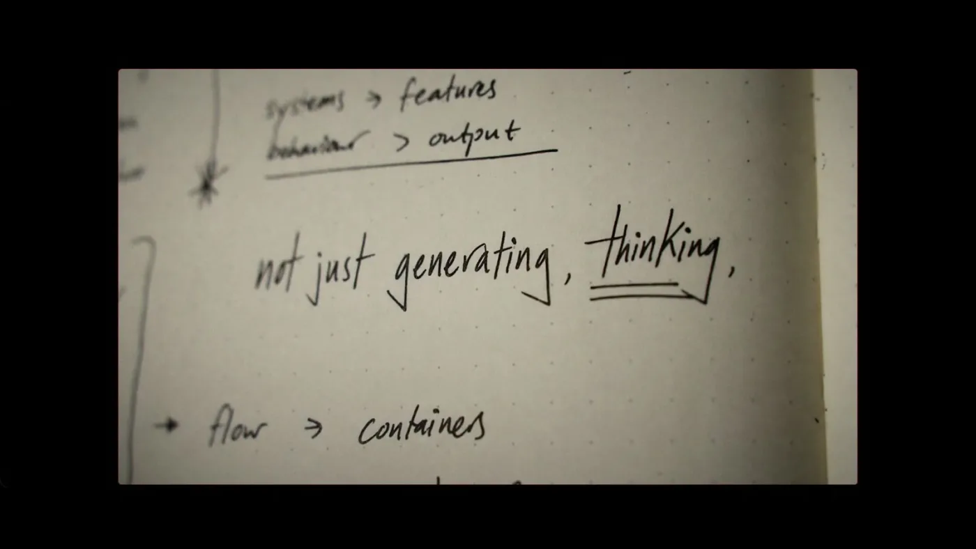 Handwritten notebook page reading Not just generating, thinking, with the notes systems over features, behaviour over output, and flow over containers