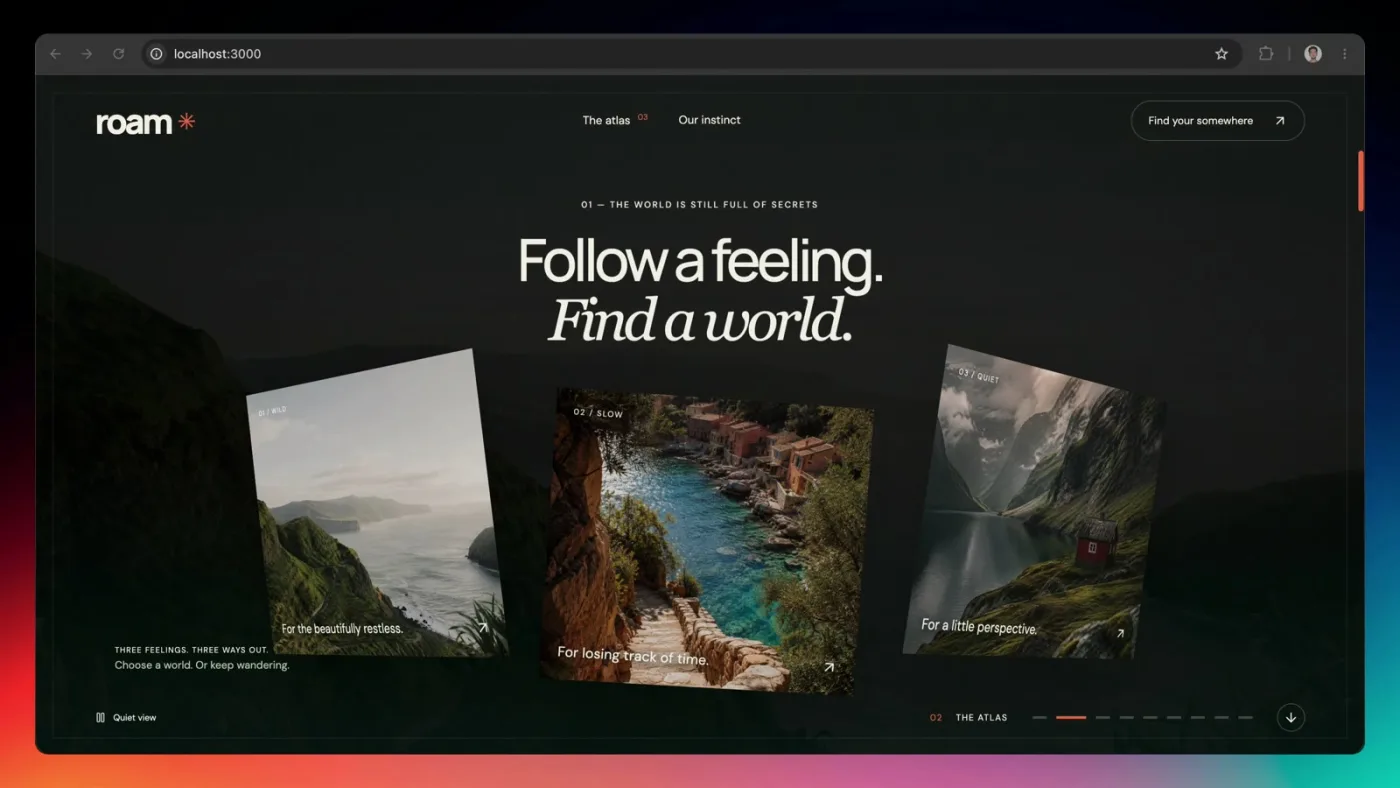 Roam Follow a feeling, Find a world section with three tilted destination photo cards fanned out over a dark coastal background