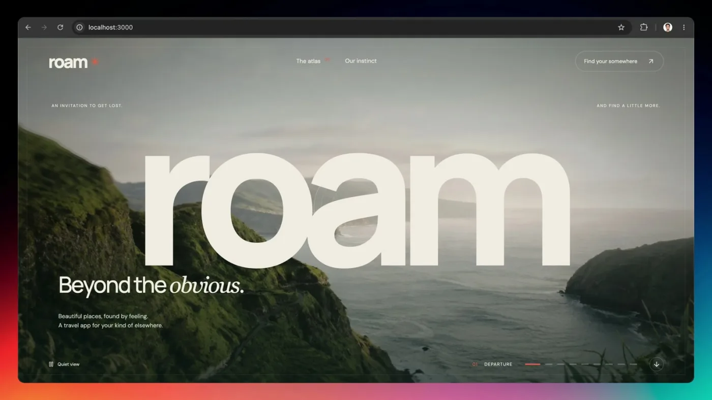 Roam landing page hero built by GPT-6 Astra, with a giant roam wordmark over a moody coastal photograph generated by ChatGPT Images 2.0