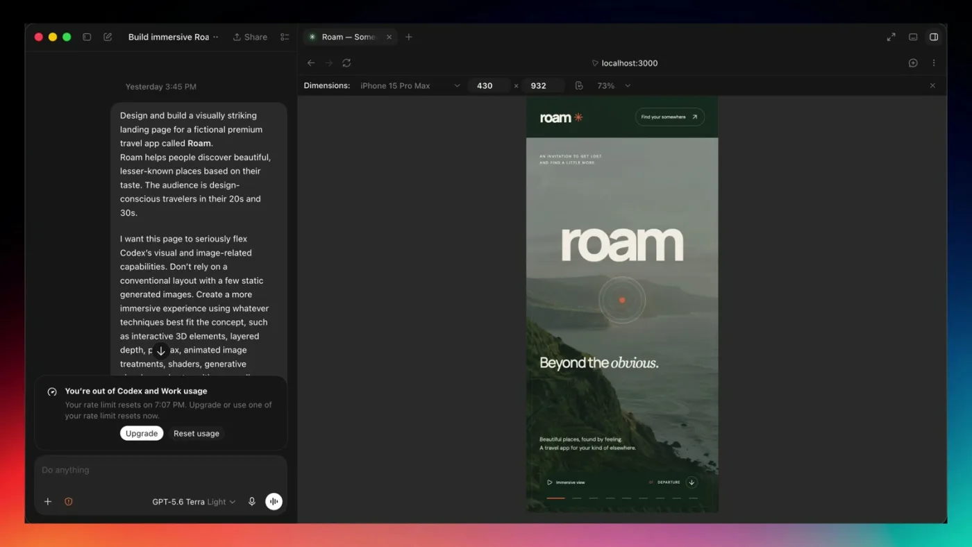 Codex workspace with the prompt on the left and the Roam site rendered at iPhone 15 Pro Max width on the right, showing the roam hero stacked vertically