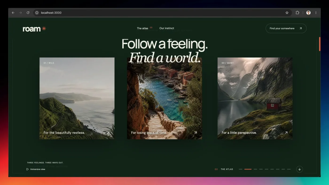 Roam in quiet view: the three destination photos sit in a flat static grid on a dark green background with no tilt, parallax, or scroll animation