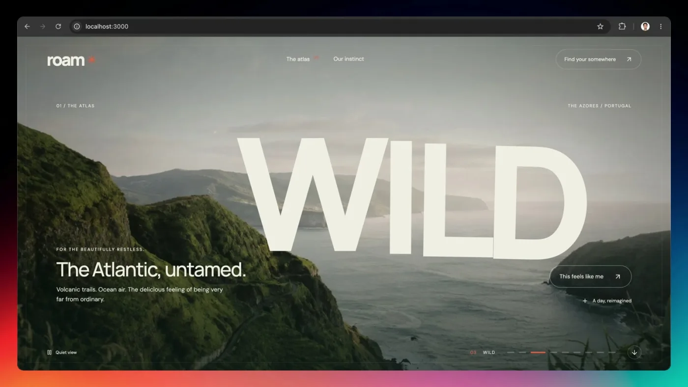 Roam destination section with the word WILD in huge white type over a green Atlantic coastline photo, subtitled The Atlantic, untamed