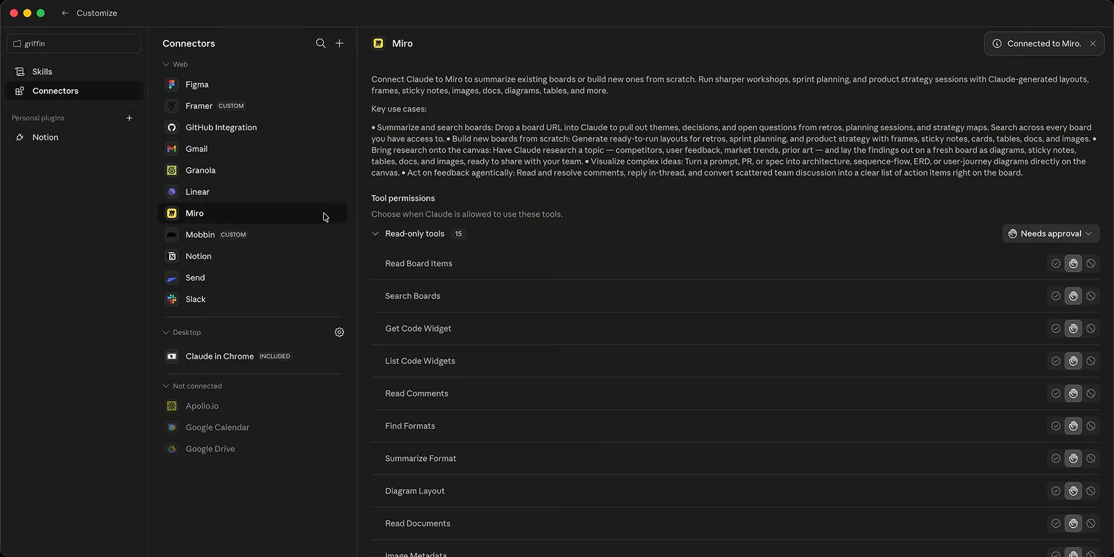 Connected Miro connector in Claude listing read-only MCP tools like Read Board Items, Search Boards and Read Comments