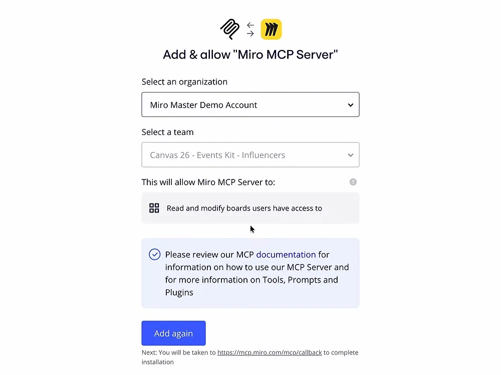 Miro MCP Server OAuth screen asking for an organization and one team, allowing it to read and modify boards
