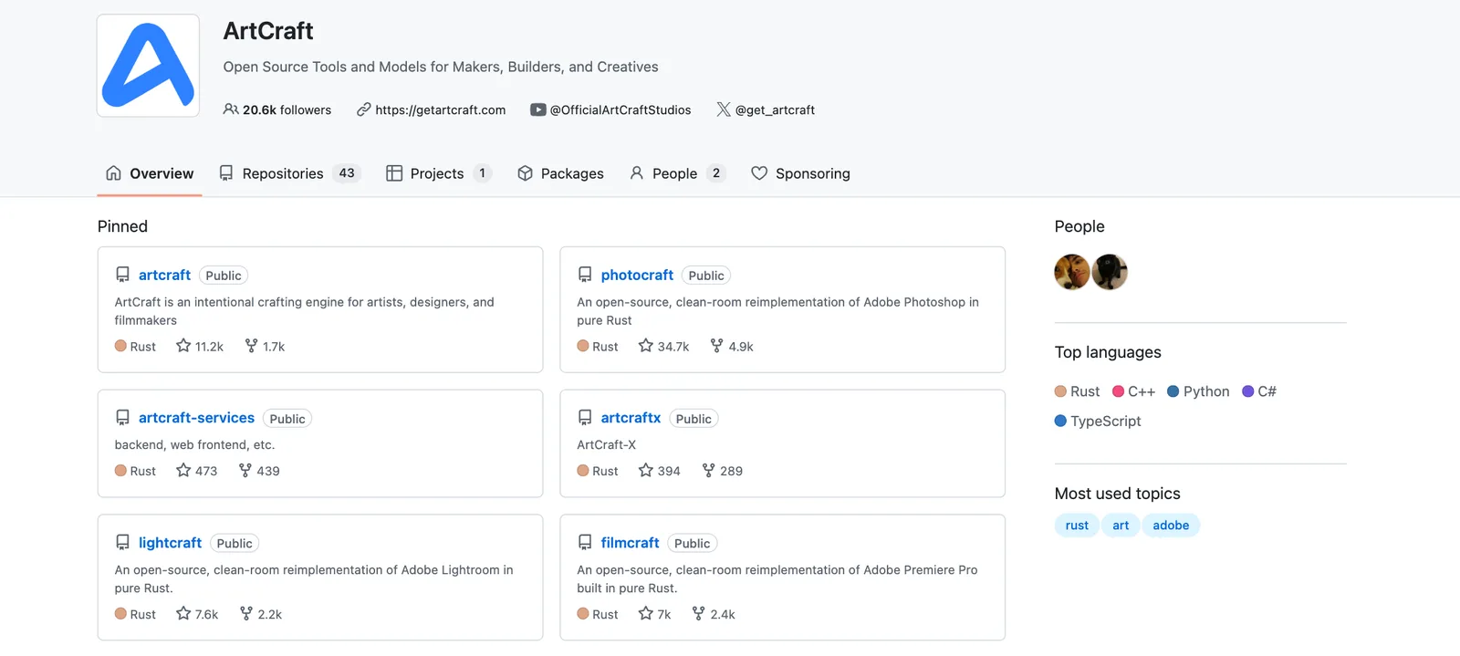 The ArtCraft GitHub organization with pinned Rust repos for PhotoCraft, LightCraft and FilmCraft, PhotoCraft at 34.7k stars