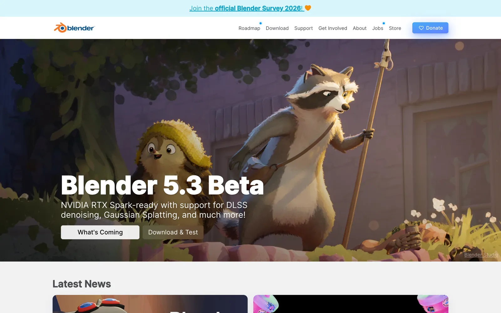 The Blender website announcing Blender 5.3 Beta with an animated character