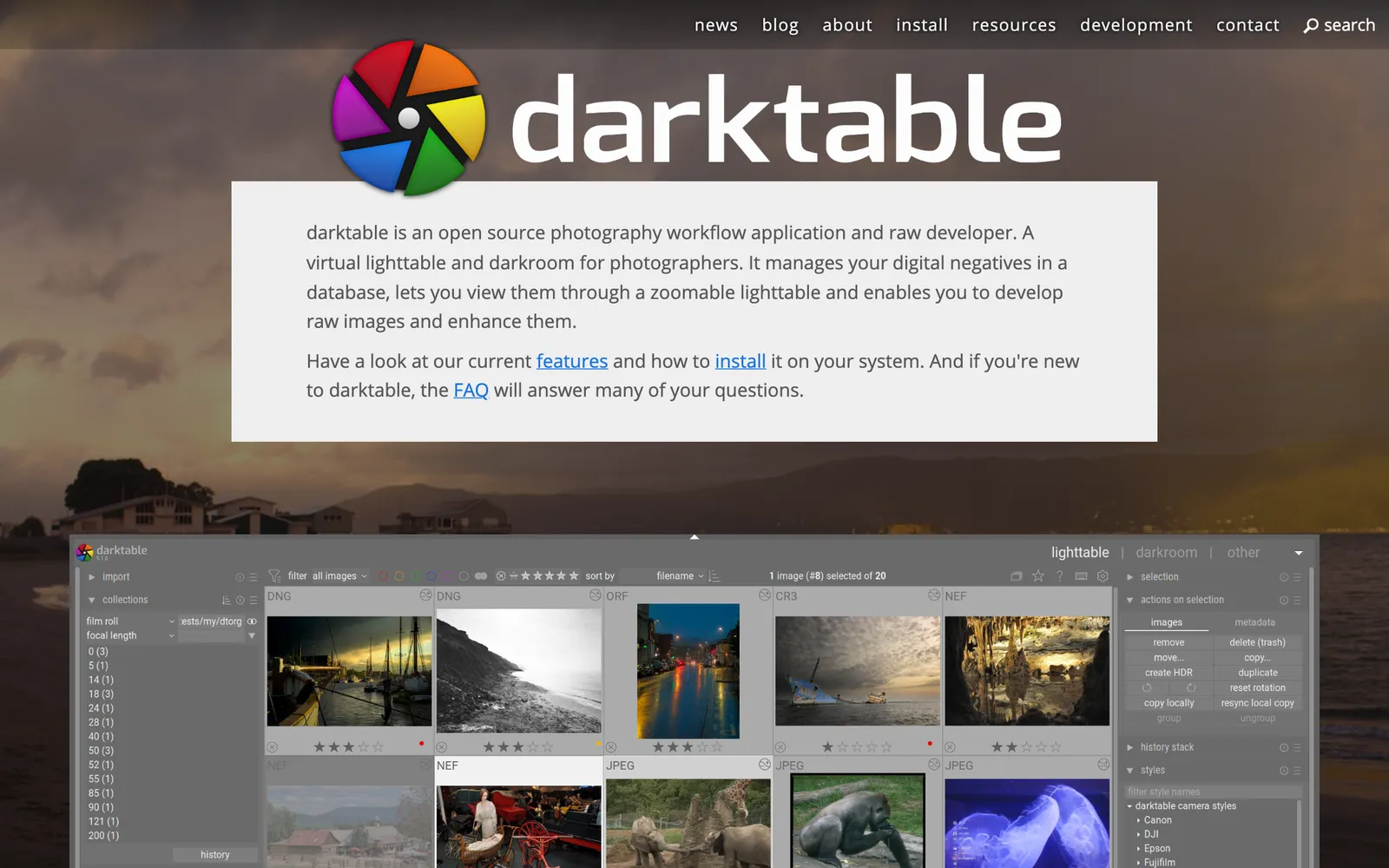 The darktable website with a screenshot of its lighttable photo grid