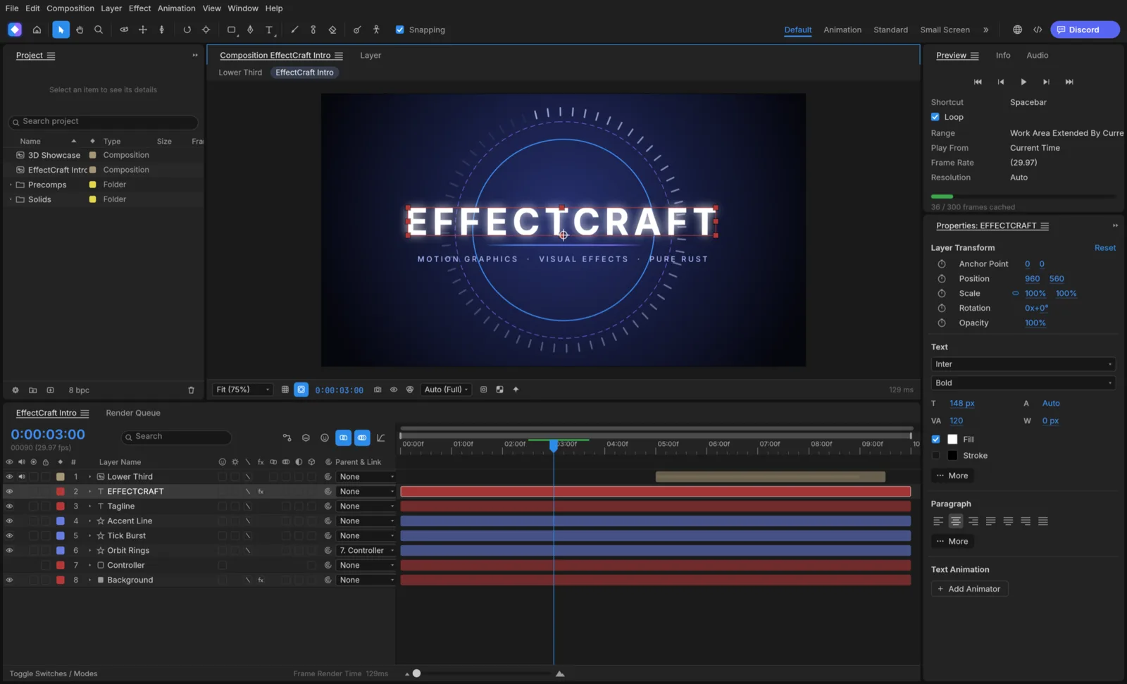 EffectCraft with an EFFECTCRAFT title composition, a layer timeline and keyframes