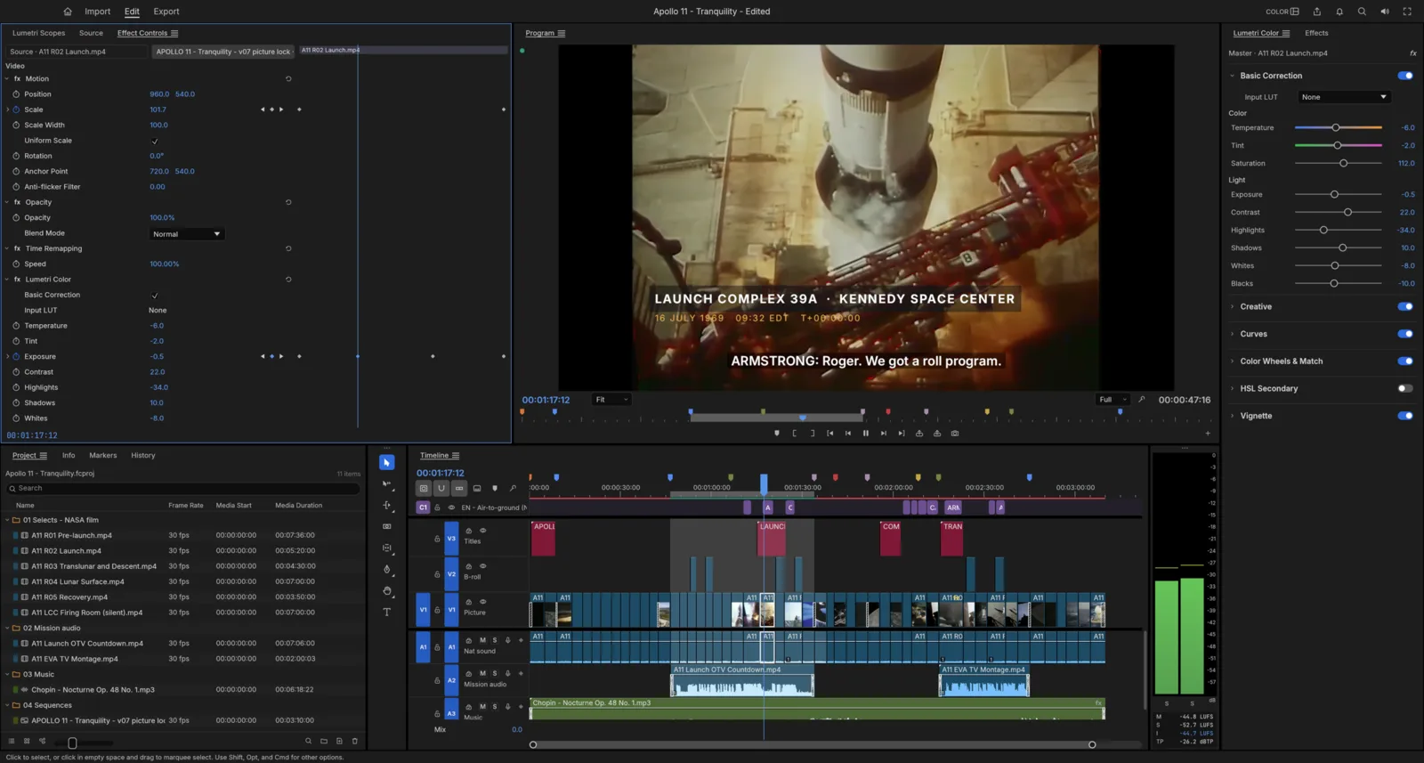 FilmCraft with a multi-track timeline, program monitor and effect controls in a dark editing layout